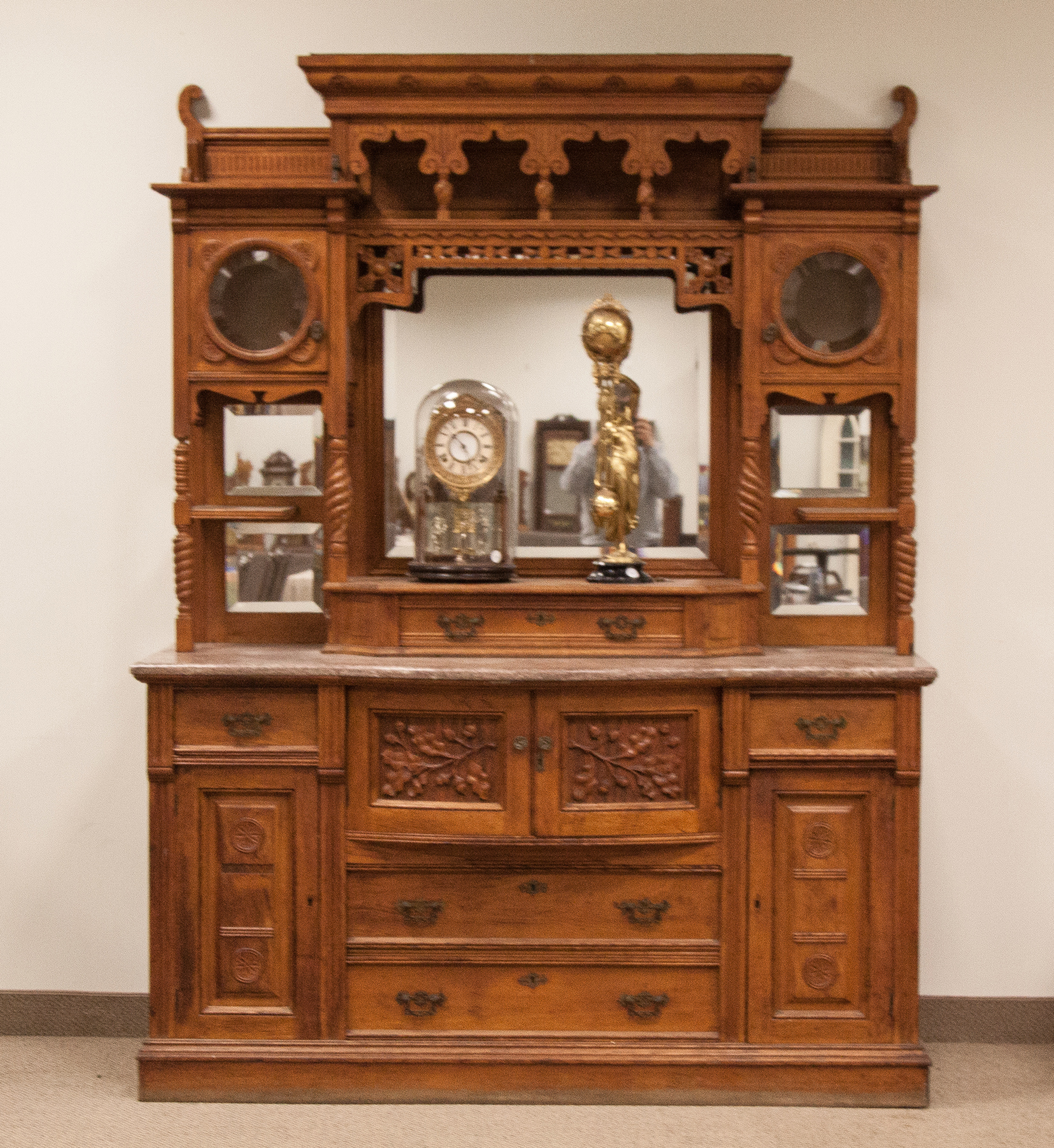 Appraisal: Victorian Carved Oak Bowfront Marble Top Sideboard C Beveled glass