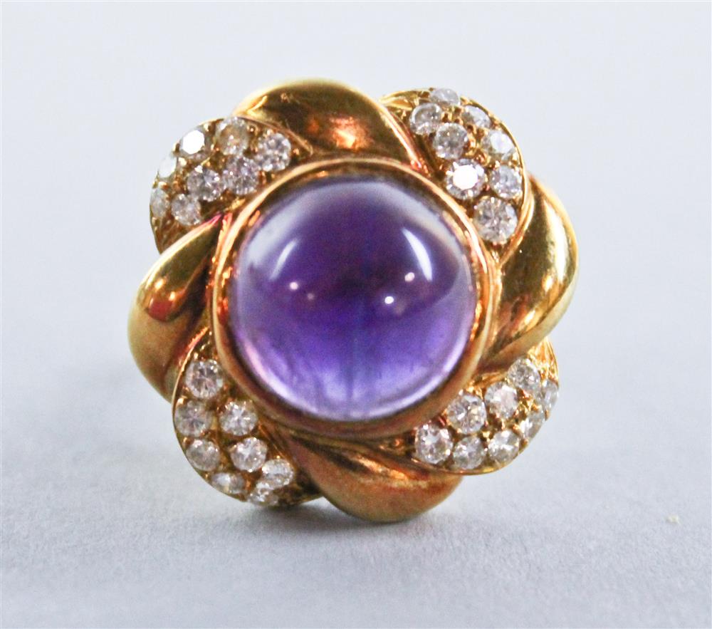 Appraisal: ROSE GOLD AMETHYST CABOCHON AND DIAMOND RING the ring set