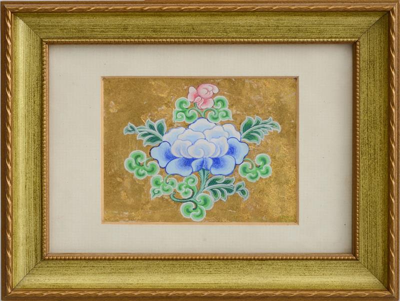 Appraisal: CHINESE SCHOOL BLUE PEONY AND LEAVES Tempera on gold ground