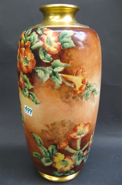 Appraisal: HAND PAINTED PORCELAIN FLOWER VASE having orange flowers tinged with