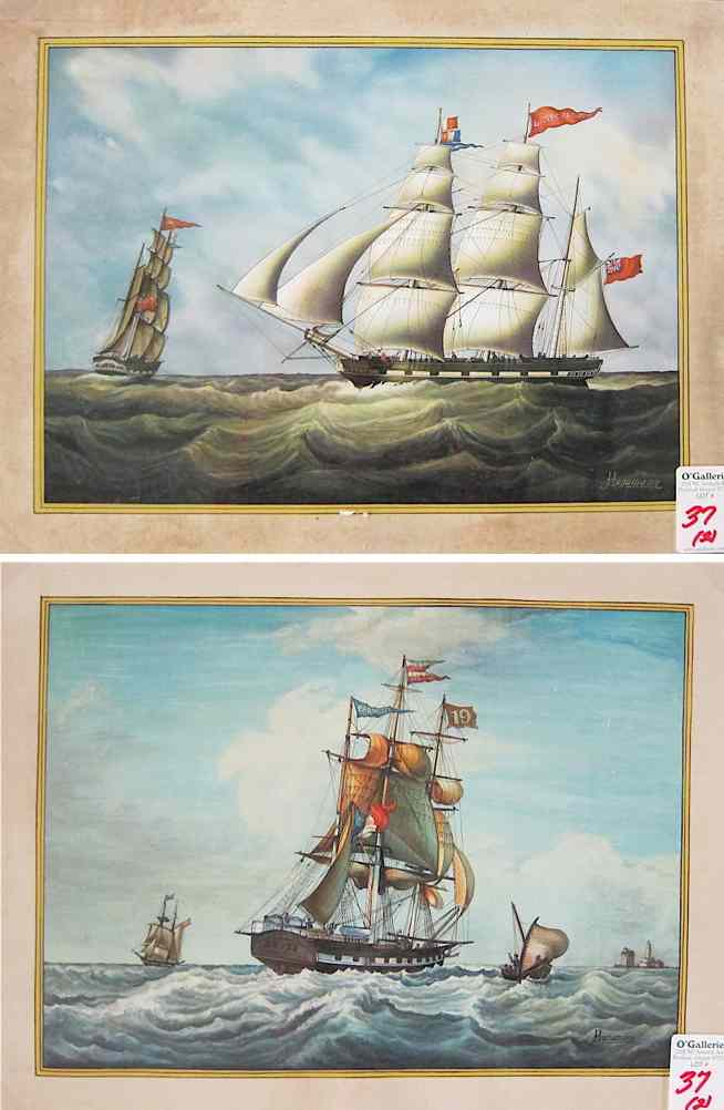 Appraisal: TWO TALL-MASTED SAILING SHIP WATERCOLORS on heavy paper the first