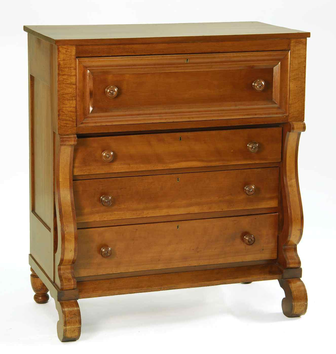 Appraisal: EMPIRE FOUR-DRAWER SLEIGH-FRONT CHESTCirca In tiger maple maple and poplar