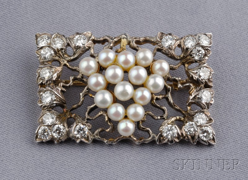 Appraisal: Cultured Pearl and Diamond Brooch M Buccellati designed as a