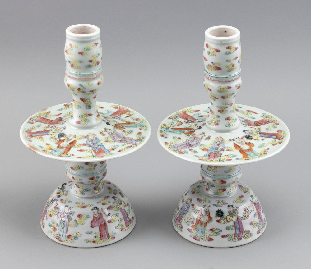 Appraisal: PAIR OF CHINESE FAMILLE ROSE PORCELAIN TWO-PART CONVERTIBLE CANDLESTICKS TH