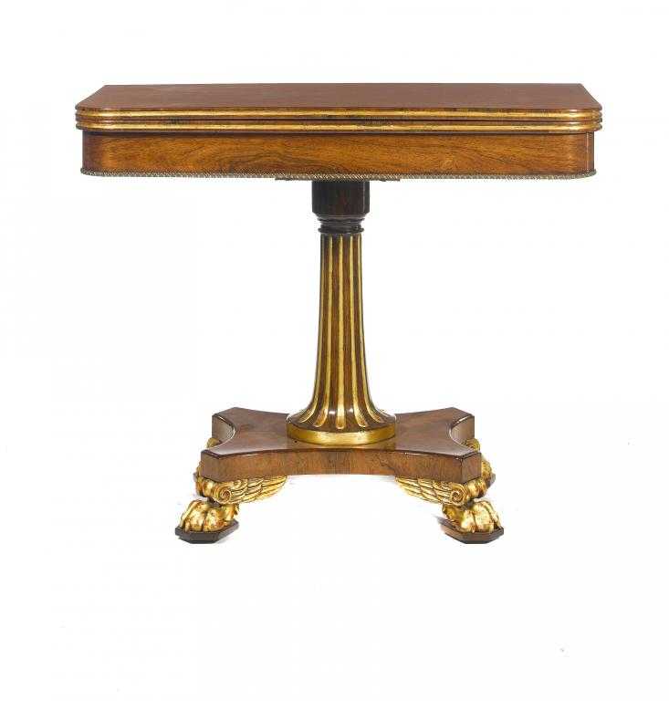 Appraisal: A REGENCY PARCEL GILT ROSEWOOD CARD TABLE with gilt brass