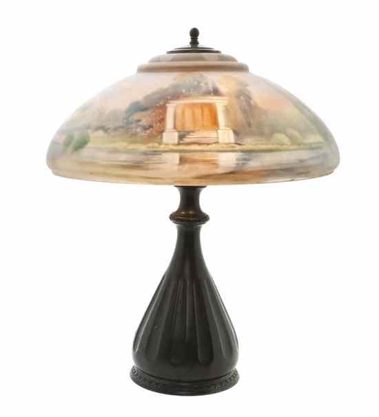 Appraisal: A Pairpoint Reverse Painted Scenic Lamp the shaped domed shade