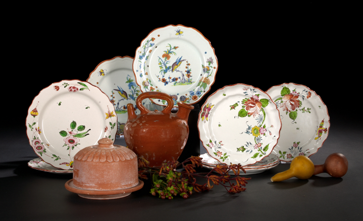 Appraisal: Set of Four French Faience Avian- and Floral-Decorated Dessert Plates