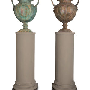 Appraisal: A Pair of Neoclassical Patinated Cast Metal Urns on Gray-Painted