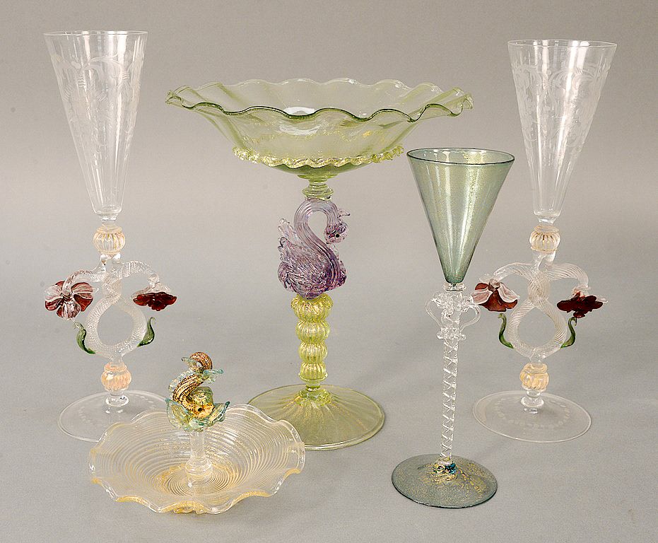 Appraisal: Group of five Venetian glass pieces to include figural compote