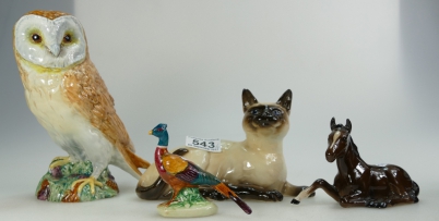 Appraisal: Beswick large owl Lying Siamese cat small Pheasant and stretched