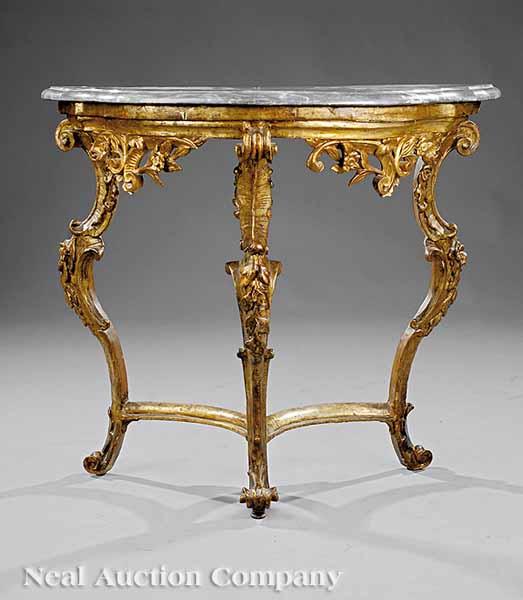 Appraisal: An Antique Louis XV-Style Carved Giltwood Console th c shaped