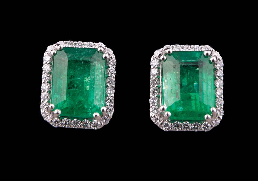 Appraisal: Pair of Platinum Emerald and Diamond Earrings prong set octagonal