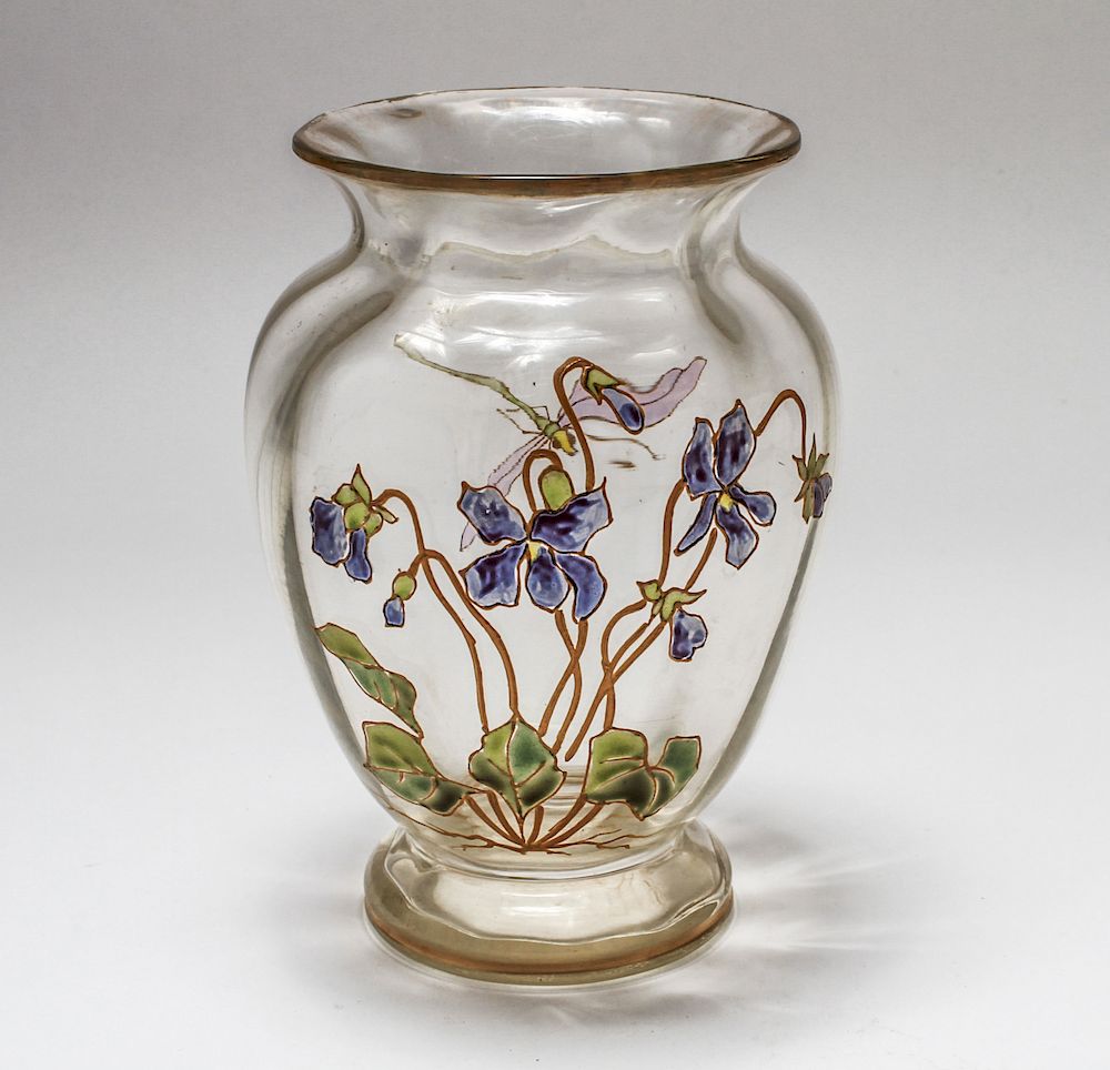 Appraisal: French Pantin Glass Vase with Iris Dragonfly French Pantin Art