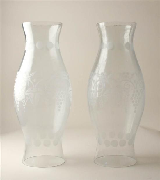 Appraisal: A Pair Monumental Blown and Etched Glass Hurricane Shades with