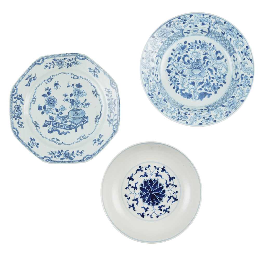 Appraisal: GROUP OF THREE BLUE AND WHITE PLATES QING DYNASTY AND