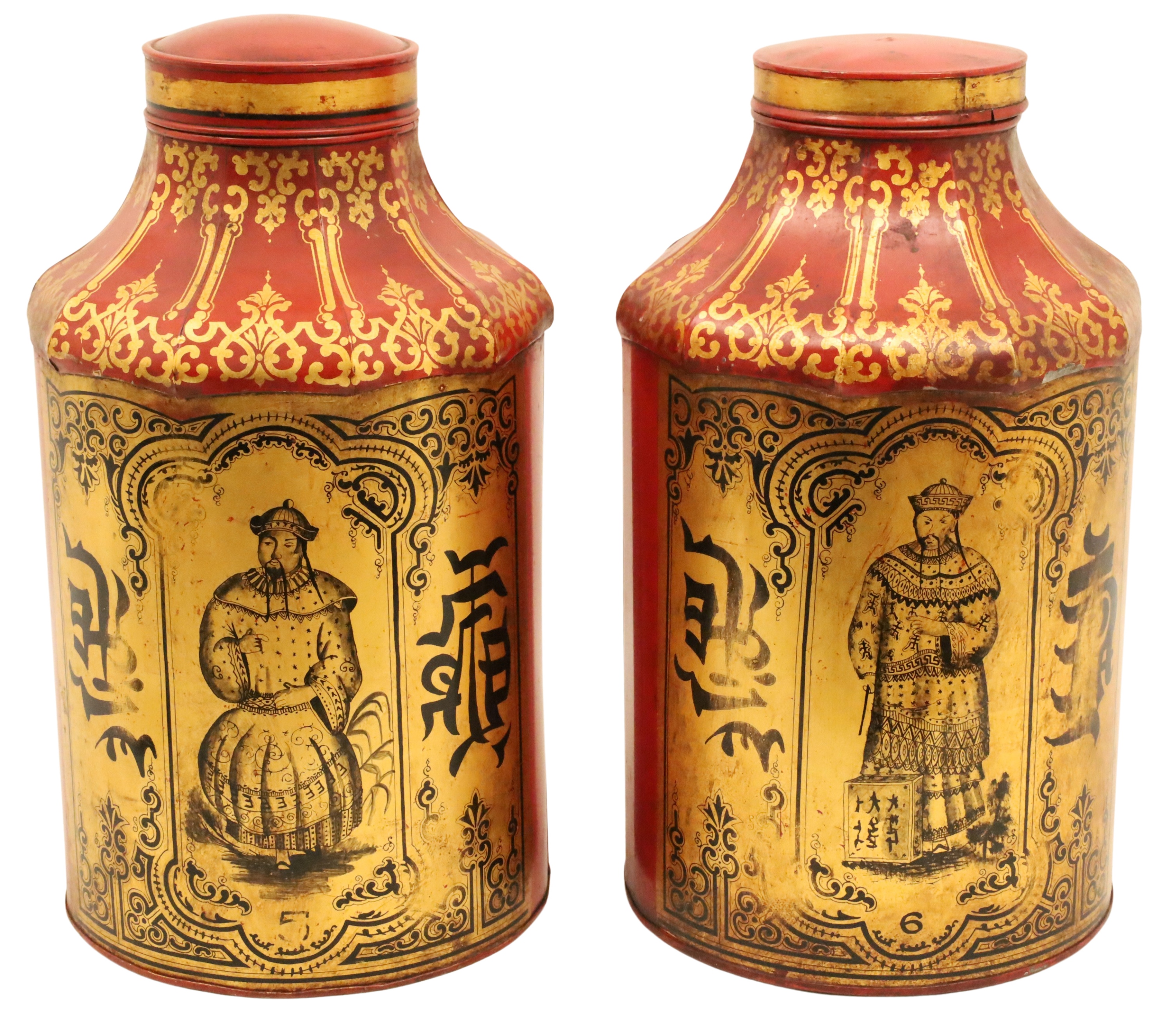 Appraisal: PR OF CHINESE RED GOLD LACQUERED METAL TEA CANS Pair