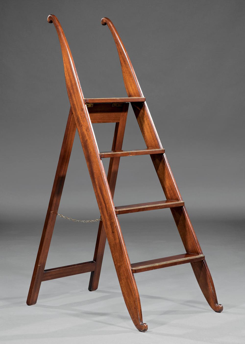 Appraisal: English Mahogany Library Ladder scrolled stiles easel support h in