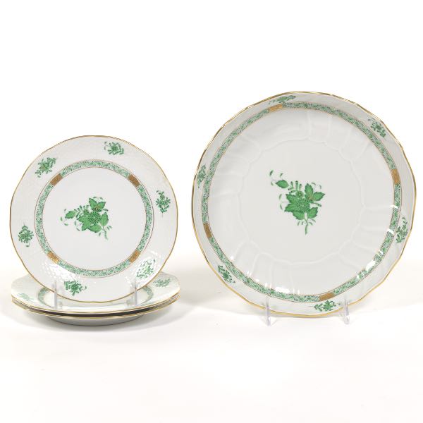 Appraisal: HEREND CHINESE BOUQUET APPONYI GREEN SERVING BOWL AND THREE PLATES