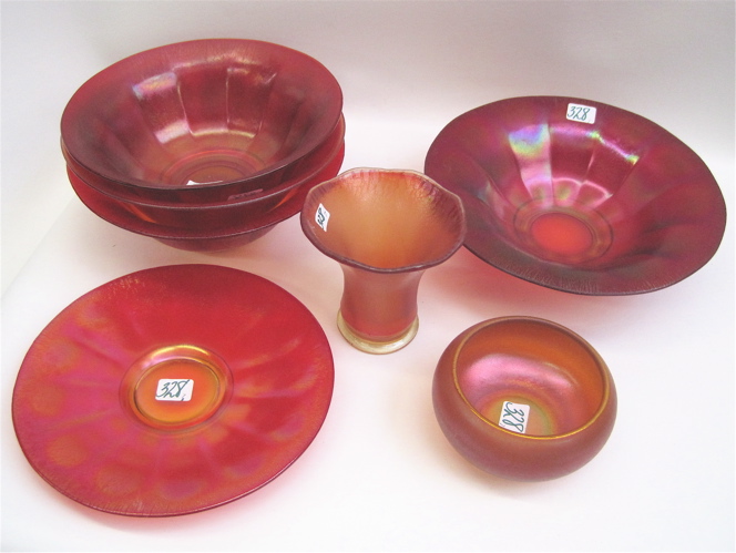 Appraisal: SEVEN PIECES RED STRETCH GLASS bowls from to D vase