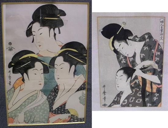 Appraisal: After Kitagawa Utamaro Japanese d two color woodblock prints recarved