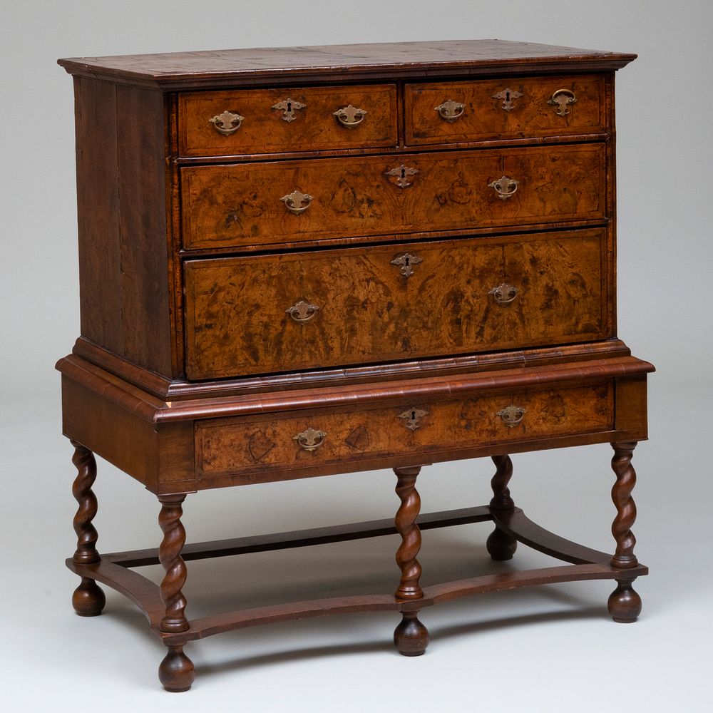 Appraisal: William and Mary Burl Walnut Chest on Later Stand x