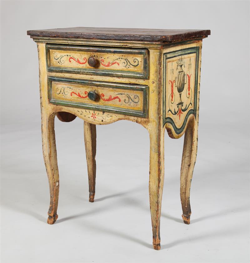 Appraisal: ITALIAN ROCOCO PAINTED COMMODE With an overhanging top above two