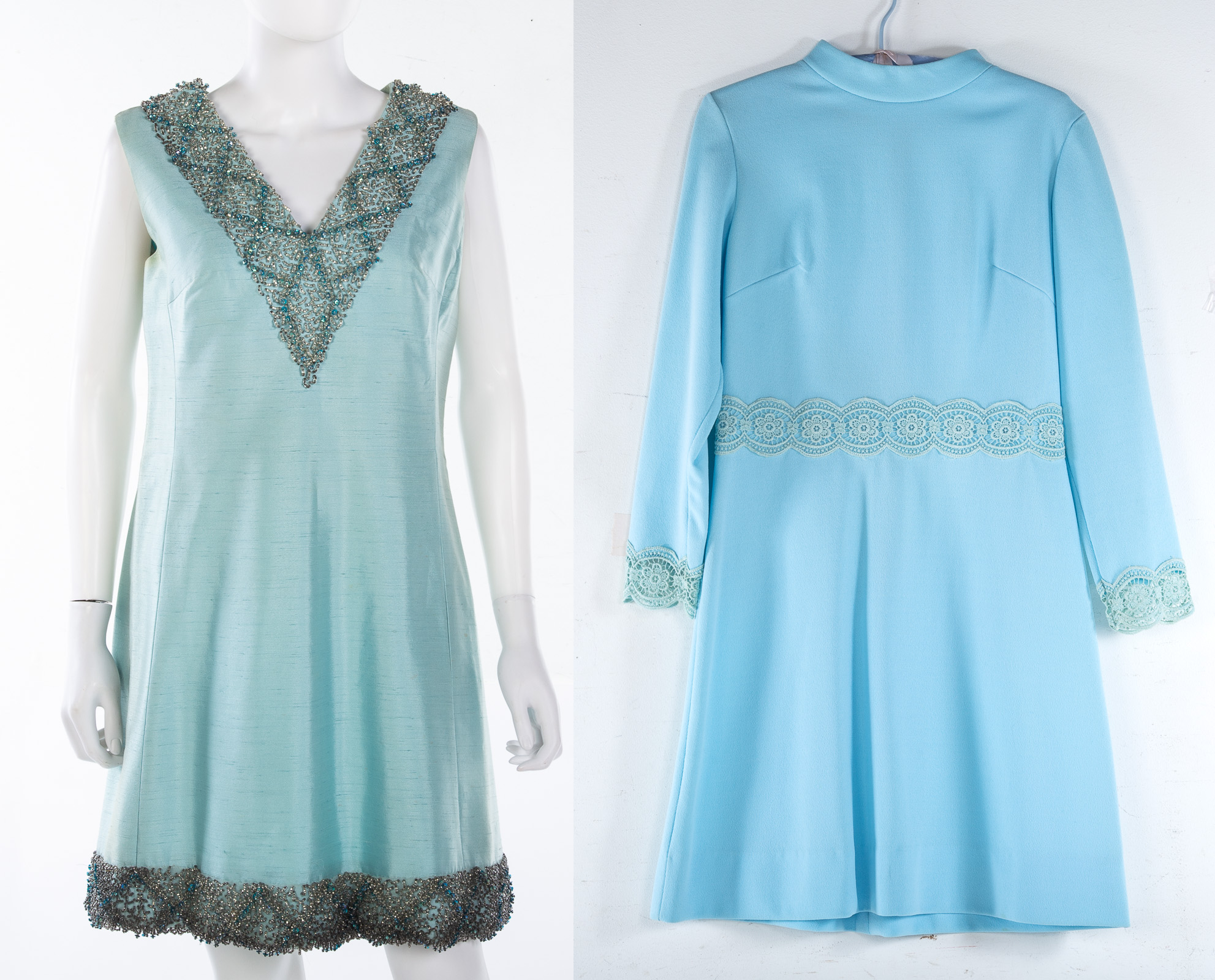 Appraisal: TWO SKY BLUE VINTAGE DRESSES Kent Original beaded dress sz