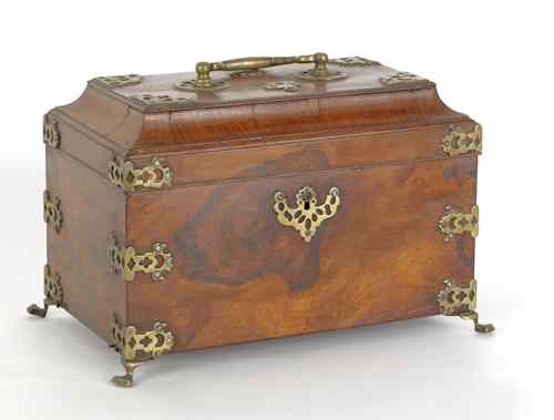 Appraisal: Rosewood veneer tea caddy late th c with brass mounts