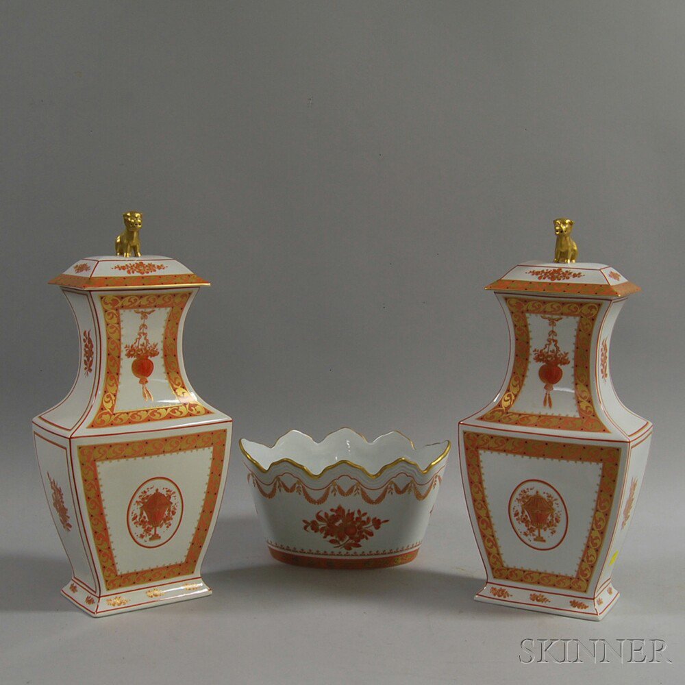 Appraisal: Three Pieces of Orange and White Portuguese Vista Alegre Chinese