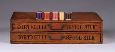 Appraisal: CORTICELLI SPOOL CABINET Two-drawer oak cabinet with stenciled drawer fronts