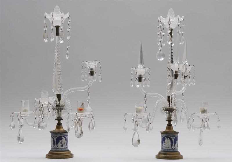 Appraisal: PAIR OF GEORGE III CUT-GLASS BLUE JASPERWARE AND BRASS CANDELABRA