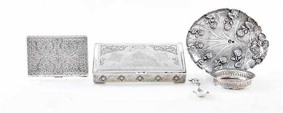 Appraisal: Collection silver boxes and objects Mideastern chased bowl L ''