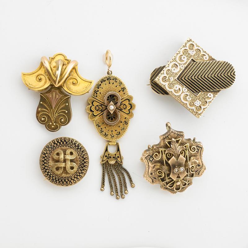 Appraisal: FIVE VICTORIAN YELLOW GOLD PENDANTS Condition Report