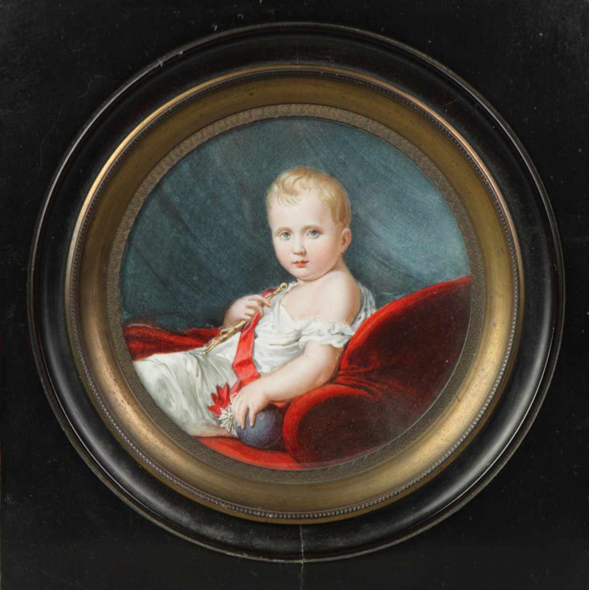 Appraisal: Sgn Miniature on Ivory of Young Child on red sofa