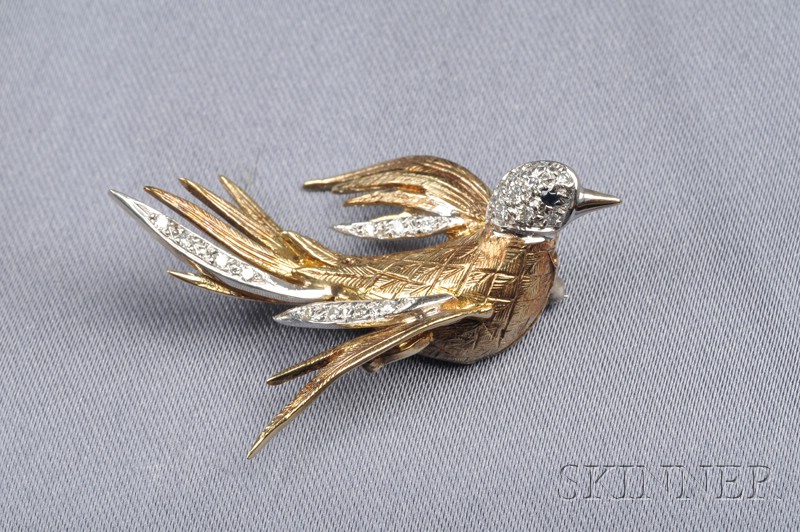 Appraisal: kt Bicolor Gold and Diamond Swallow Pin with pave-set diamond