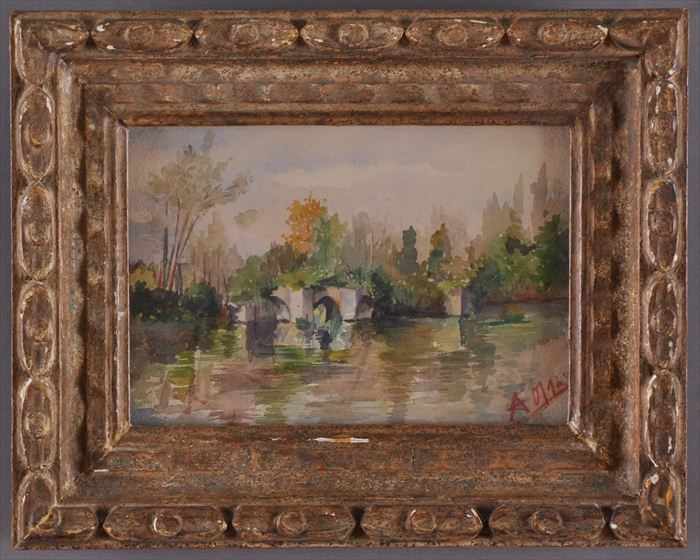 Appraisal: FRENCH SCHOOL RIVER LANDSCAPE WITH RUINED BRIDGE Watercolor on paper