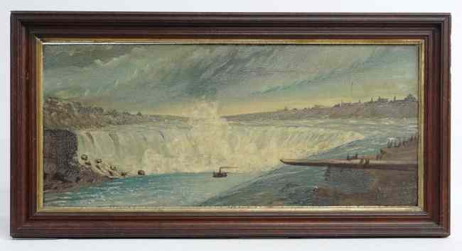 Appraisal: th c oil panel waterfall with steamboat Signed illegibly Sight