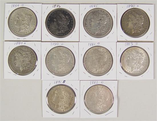 Appraisal: Ten Morgan Dollars With grades ranging F -AU -O -O