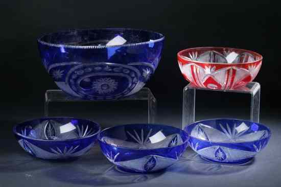 Appraisal: FIVE BOHEMIAN COLORED CUT-TO-CLEAR CRYSTAL BOWLS th century Comprising four