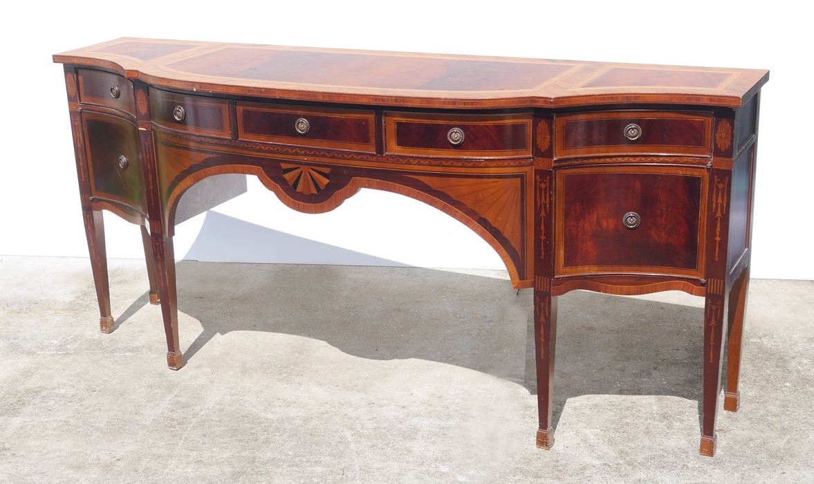 Appraisal: BANDED INLAID MAHOGANY SIDEBOARD Early th century sideboard with banded