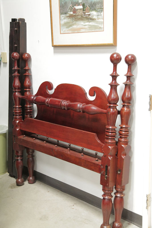 Appraisal: ROPE BED Cherry cannon ball bed with a red brown