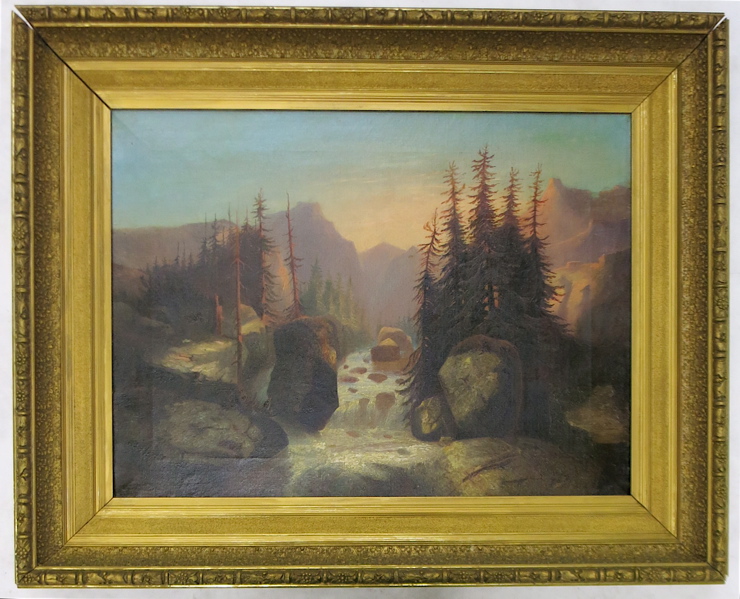 Appraisal: LATE TH CENTURY OIL ON CANVAS river landscape with mountains