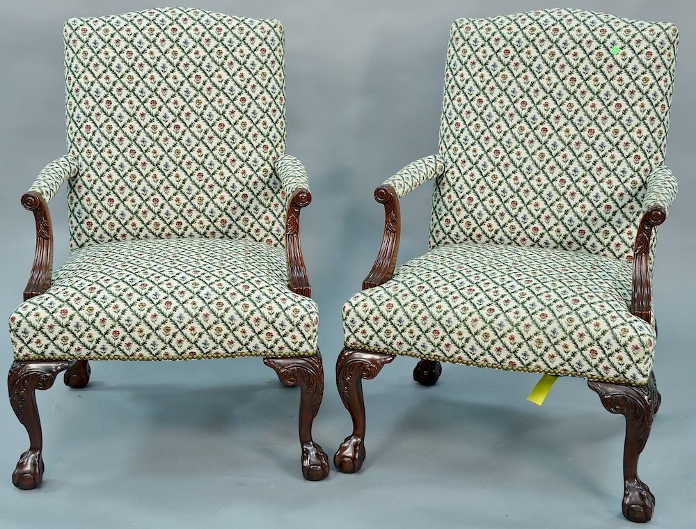 Appraisal: Pair of Henredan Chippendale style mahogany upholstered armchairs ht in