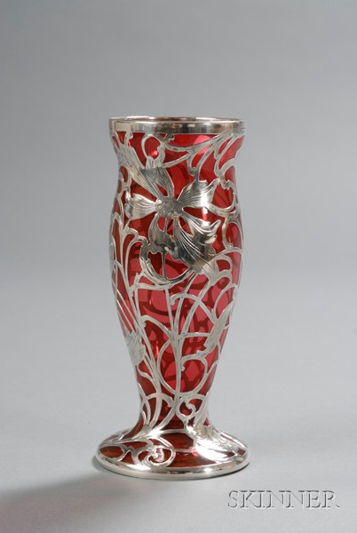 Appraisal: Silver Overlay Vase Glass and metal Early th century Cranberry