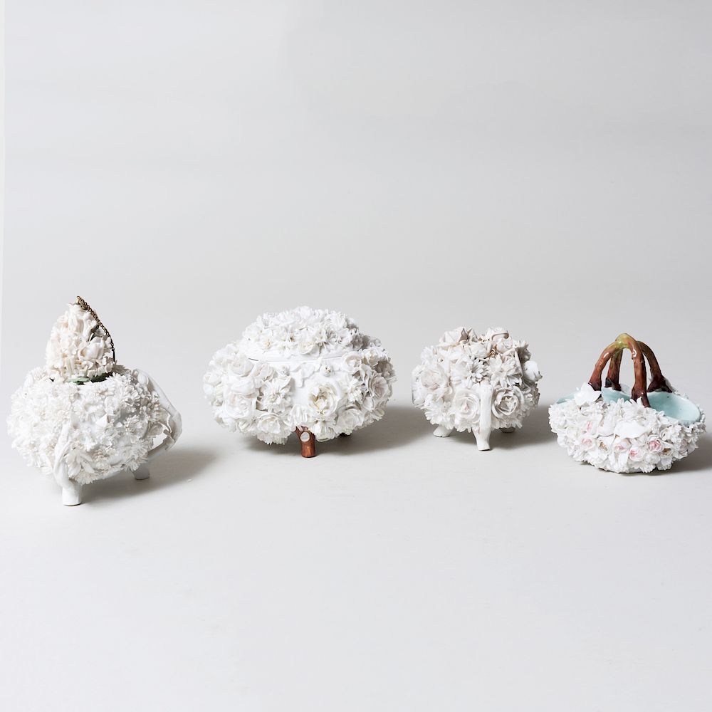 Appraisal: Group of Four Continental Flower Encrusted Porcelain Table Articles Comprising