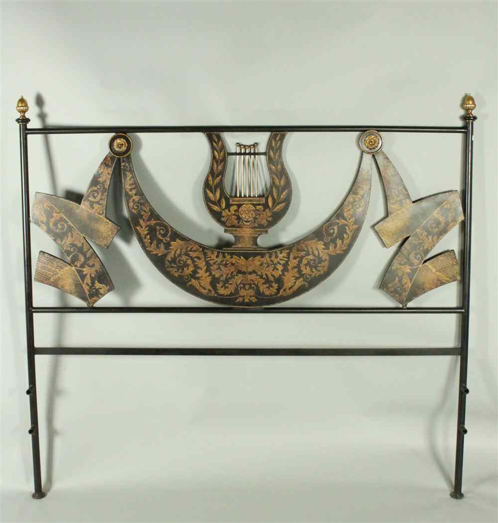 Appraisal: CLASSICAL INSPIRED BLACK PAINTED METAL QUEEN BED FRAME having a