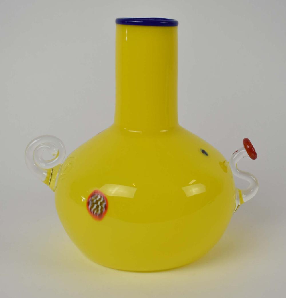 Appraisal: ART GLASS YELLOW BOTTLE-FORM VASEUnsigned The cylindrical neck above a