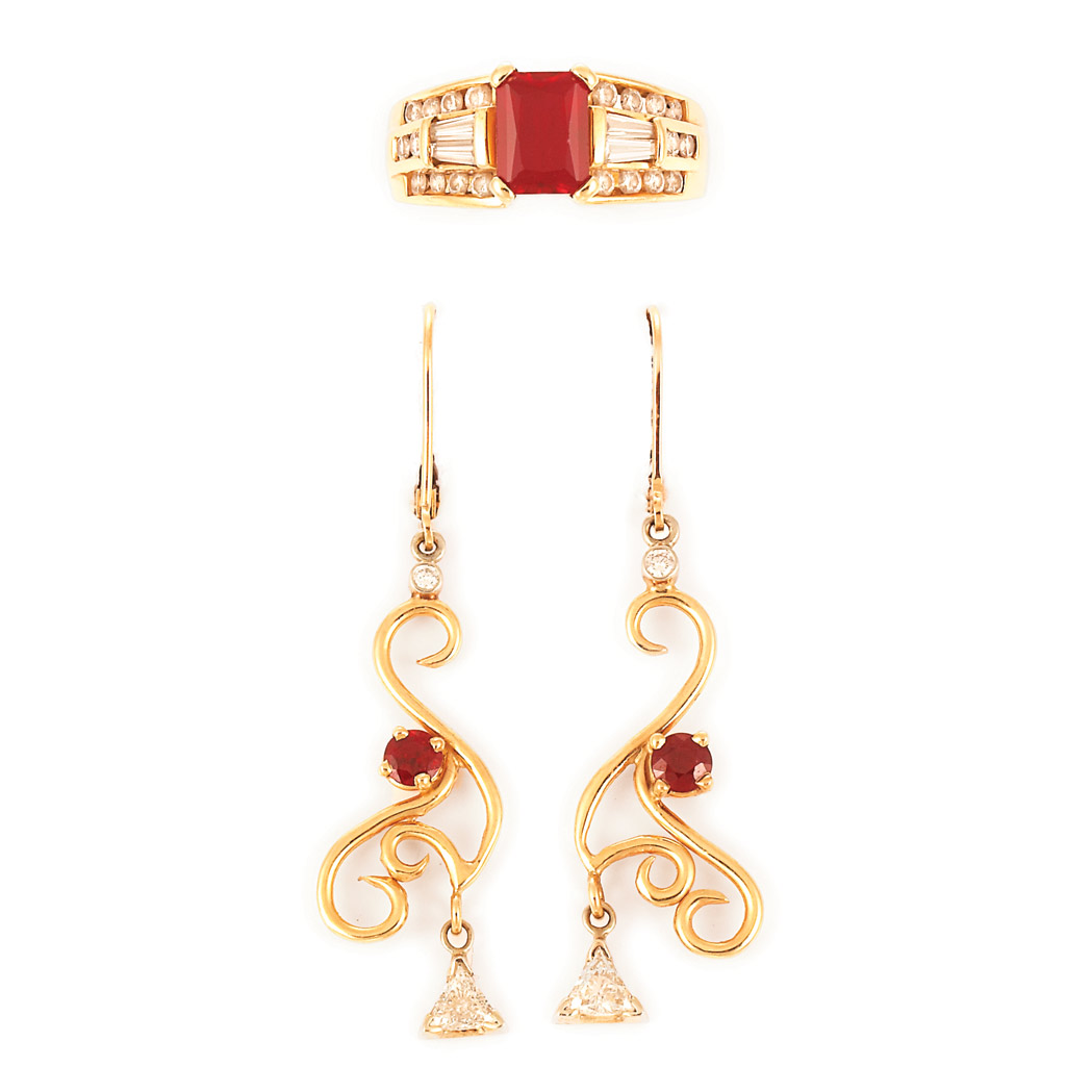 Appraisal: Pair of Gold Synthetic Ruby and Diamond Pendant-Earrings and Ring