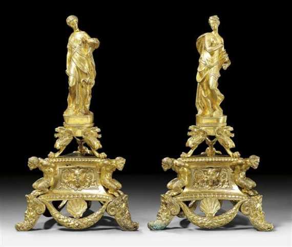 Appraisal: PAIR OF FIREPLACE CHENETS AUX FEMMES R gence style Paris