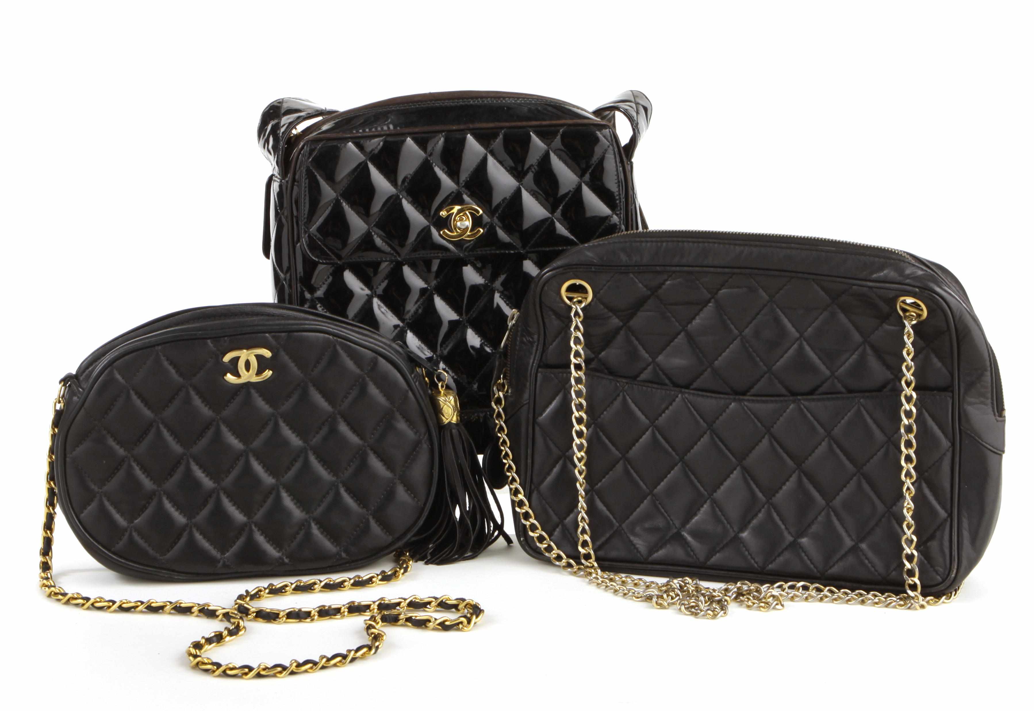 Appraisal: A group of three black leather Chanel handbags dimensions of